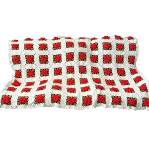 Crochet Blanket Throw Afghan Granny Square Red Rose Rosettes Vintage Large